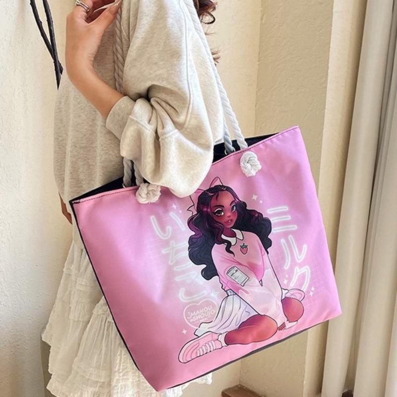 Classic Outdoor Practical Versatile Vintage Canvas Bag Cartoon Printed Portable Beach Bag Large Capacity