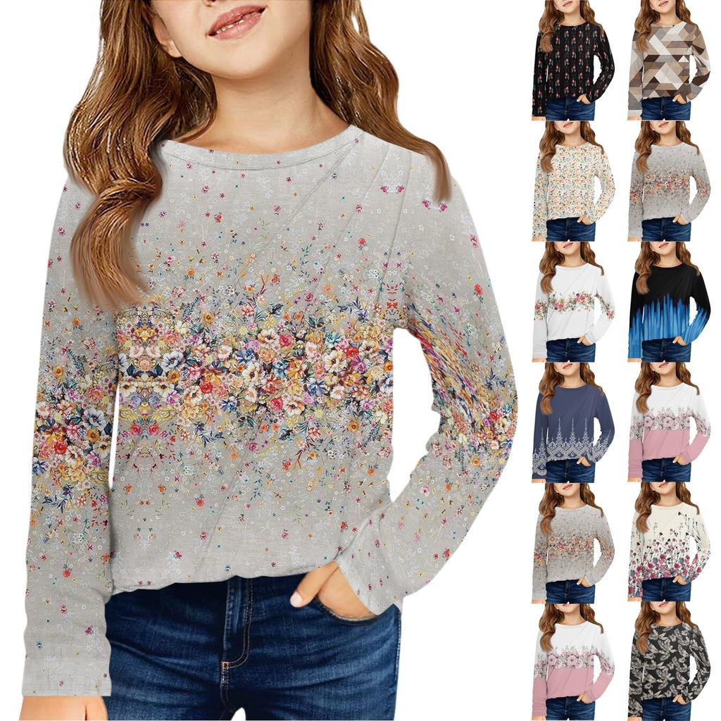 Girls' Long Sleeve Tee - Pleated Round Neck Casual Top