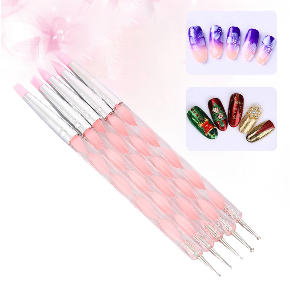 5pcs Dual ended Carving Sculptur Pen Set Silicone Head Dotting Pen Manicure Nail Art Tool Pink