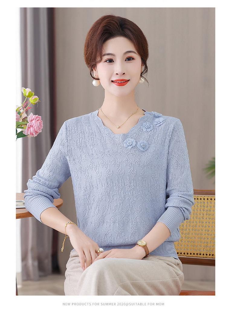 Mom's Versatile Long-Sleeve Knitted Sweater for Middle-Aged and Elderly Women - Elegant Pullover for Spring and Autumn.