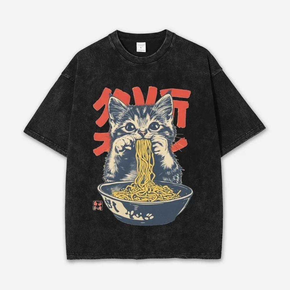 

Vintage Art Acid Washed T-shirt Japanese Cat Fashion Short Sleeve Round Neck Chic Tees Summer Heavy Weight Tunics S