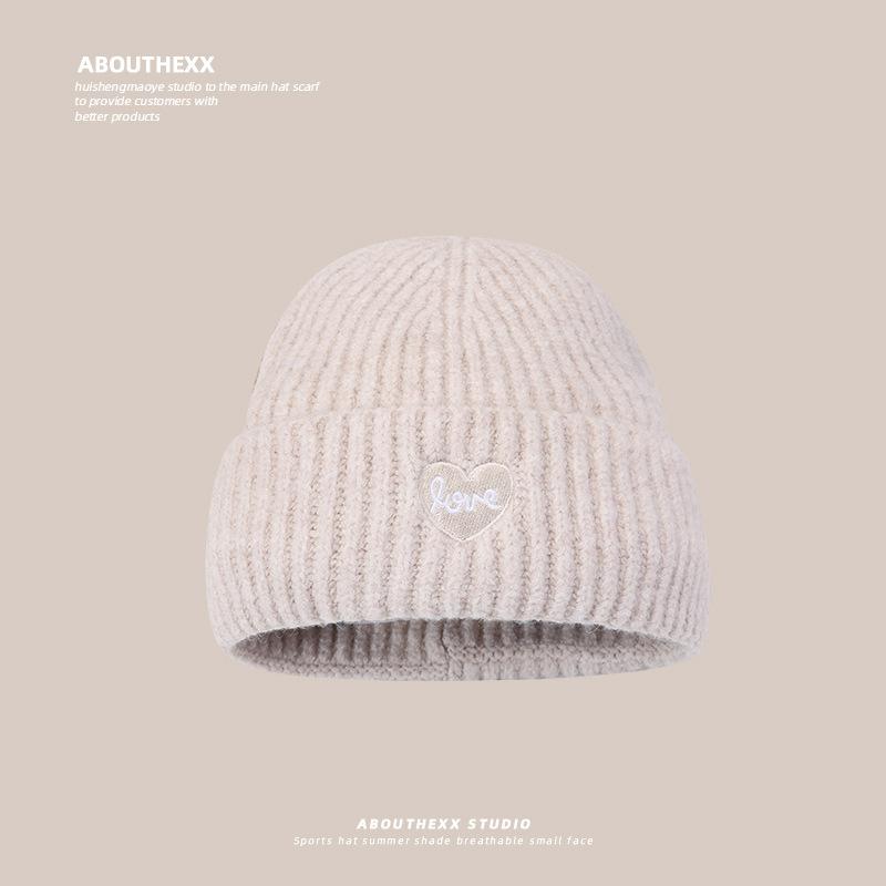 Love Embroidered Woolen Hat for Women Autumn and Winter New Style Large Head Circumference Knitted Hat Large Version Warm Ear Protection Cold Hat