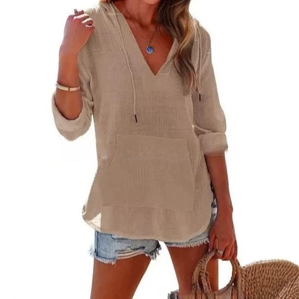 Spring and Summer Beach Cover-Up Hooded Long-Sleeved V-Neck Pockets Hooded Shirt for Women