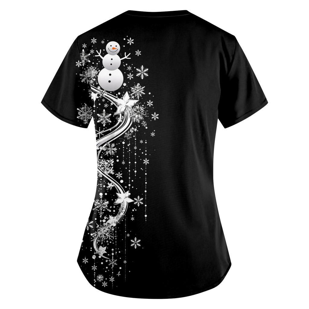 Women's Printing Uniform Work Uniform V-neck Pockets Basic Short Sleeve Pullover Top