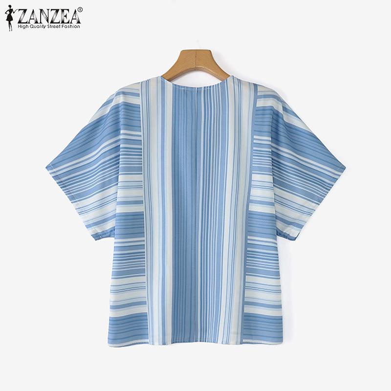 ZANZEA Women Summer V-Neck Loose Irregular Stripe Short Sleeve Blouse