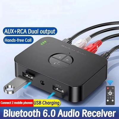 Bluetooth 6.0 Receiver with RCA Hi-Res Wireless Audio Adapter 3.5mm AUX USB Receiver for Speakers Speaker Stereo Car Amplifier