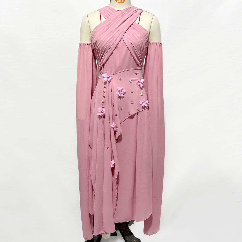 

Женская одежда Розовые цветы Холтер вырез с открытыми плечами Ленты Тонкие вечерние мусульманские платья XL розовый