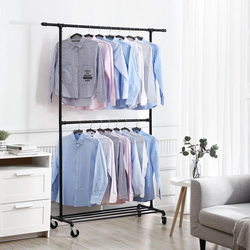 SONGMICS Industrial Clothes Rack on Wheels, Maximum load of 110 Kg, Double Garment Hanging Rod, Heavy Duty Commercial Display, Black