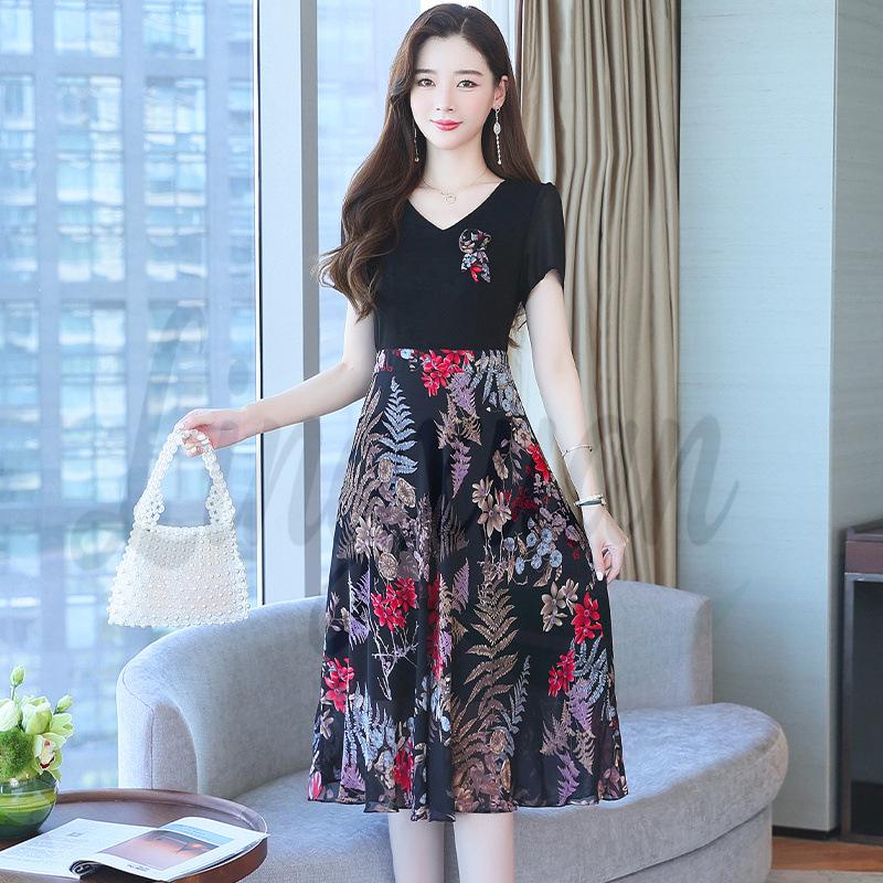 Women's Elegant Waist-Cinching Summer Chiffon Dress - Short-Sleeve, Two-Piece Look with Printed Design