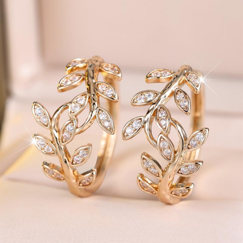 Vintage Cubic Zirconia Leaf Hoop Earrings for Women Luxury Gold Color Fashion Jewelry Accessories