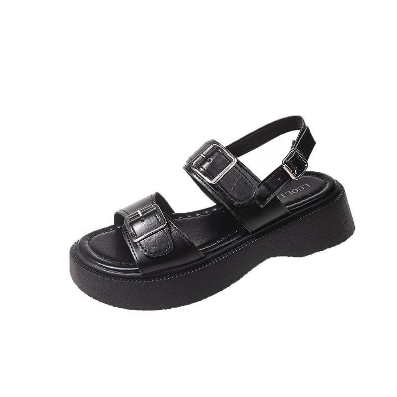 Muffin thick-soled one-word sandals women's summer new belt buckle versatile student casual Roman shoes