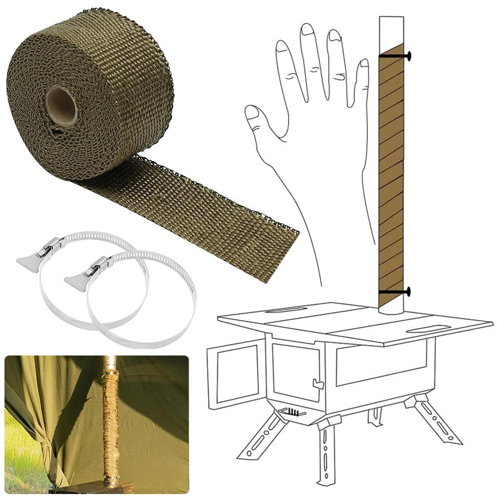 DIY Tent Stove Fireproof Ribbon Adjustable Stove Pipe Wrap with 2 Clamps Anti-Scald Chimney Protector Thermal Insulation