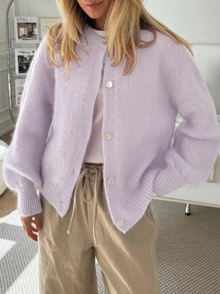 Elegante Damen-Strickjacke mit Knöpfen - Herbst/Winter Unifarbener Rundhals-Pullover