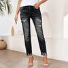 Ladies' Fashionable Straight Leg Ripped, Flanged And Fringed Casual Jeans