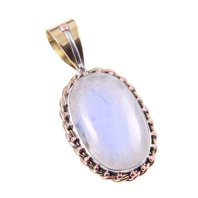 Natural Rainbow Moonstone Gemstone 925 Solid Silver Two Tone Pendant 1.50'' i0W92