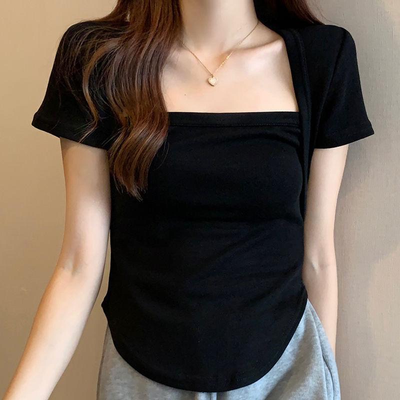 

Женская летняя футболка с короткими рукавами, свободный большой короткий топ нестандартной формы 2XL чёрный