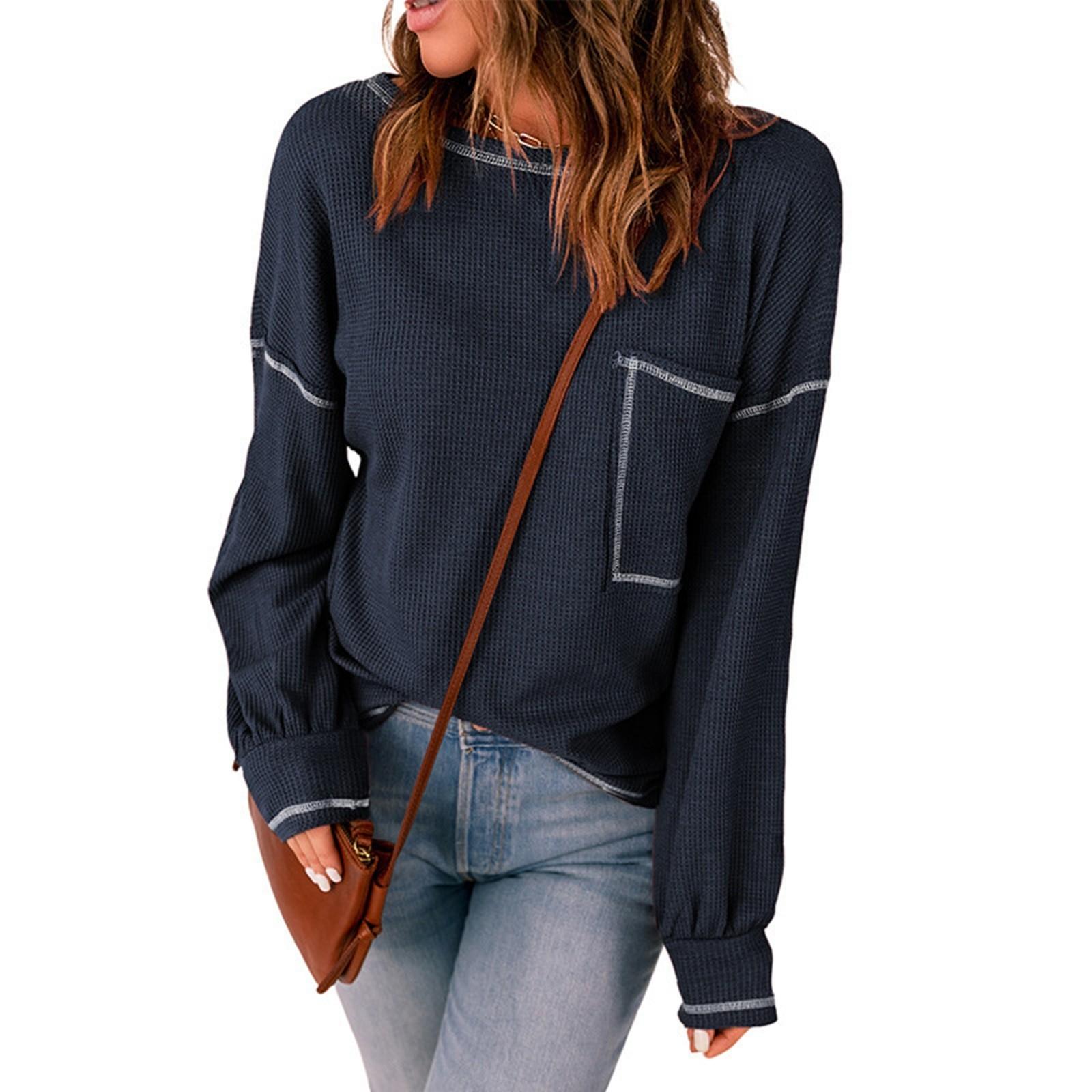 

Женский однотонный осенний вязаный топ с длинными рукавами и карманами и круглым вырезом XL синий