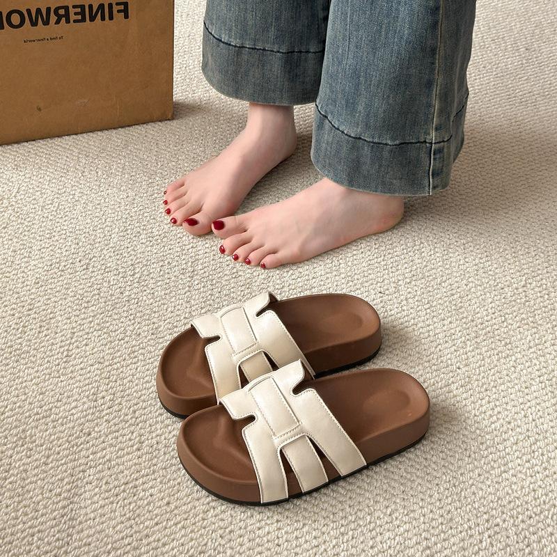 

Fashion with skirts, summer wear versatile women s one-word drag, new soft bottom flat bottom high-end sandals 40 бежевый