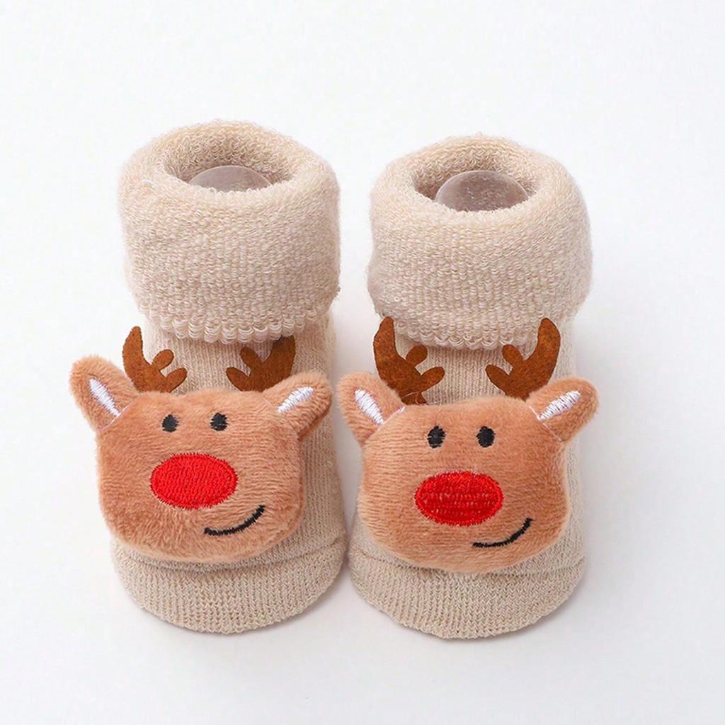 Baby Christmas Socks Santa Claus Snowman Reindeer Plush Knit Socks Non-Slip Crib Shoes for Infant Boys Girls First Xmas Outfits Toddler Gift