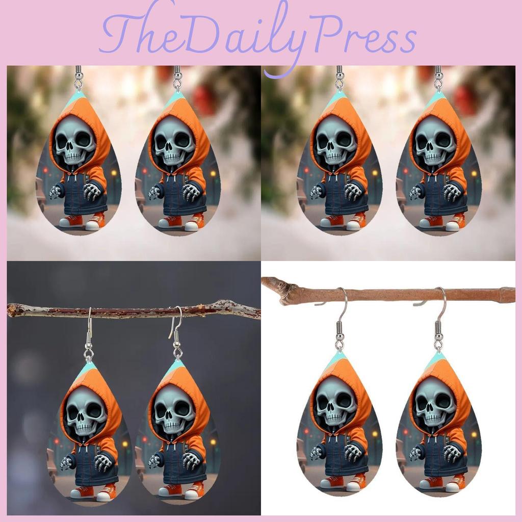 Hooded Halloween Themed Jacket Skull Pattern Droplet Shaped Earrings Acrylic