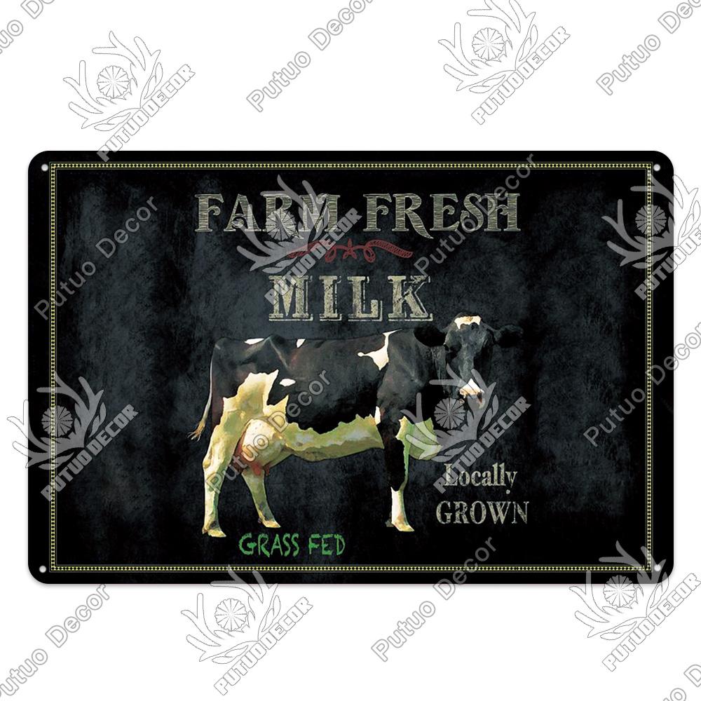 Putuo Decor Farm Tin Sign Milk Vintage Tin Sign Plaque Metal Plate Retro Poster for Farmhouse Cow Pig Wall Stickers Art Decor