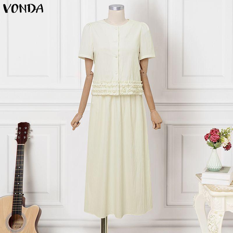 VONDA Women Outfits Short Sleeve Ruffled Blouse and Skirts Casual Two Piece Suit Elegant Sets