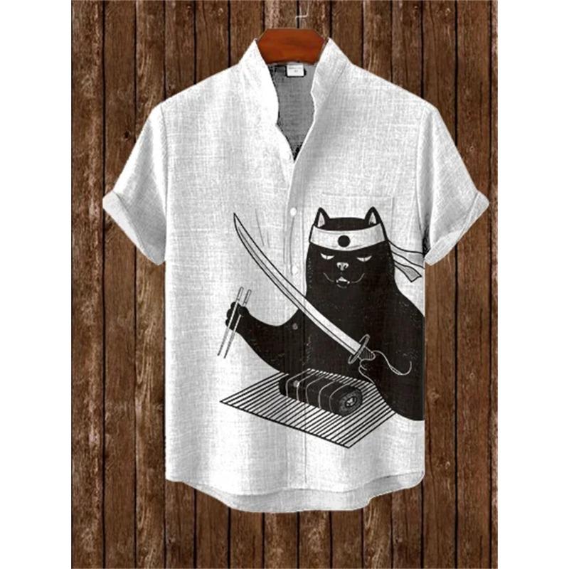 Men's short-sleeved shirt with a fun cat print, stand-up collar, single-breasted casual style. Hawaiian shirt, men's unique top.