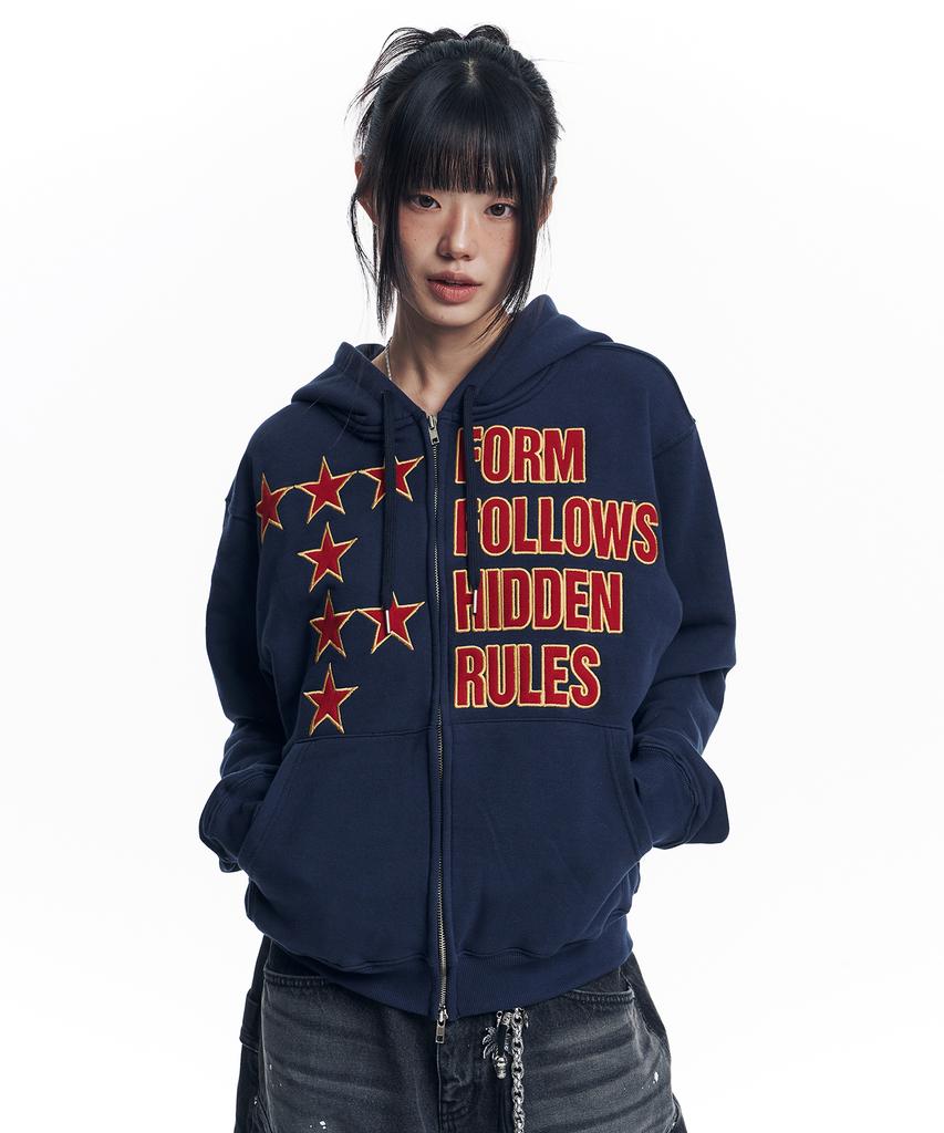 Easy No Easy Star Lettering Patch Zip-Up Hoodie - Navy