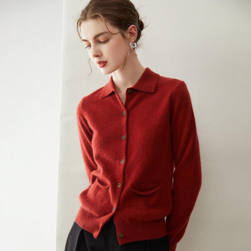 Women's 100% Cashmere Polo Collar Cardigan - Solid Color Knitwear with Pockets