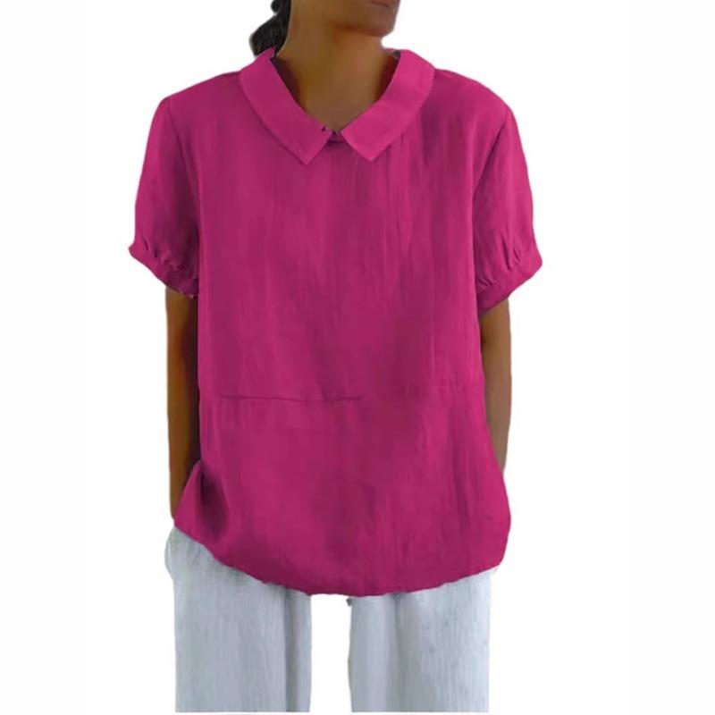 Solid Color Lapel Pullover Shirt Women Summer Short Sleeve Blouse Comfortable Casual Simple Style