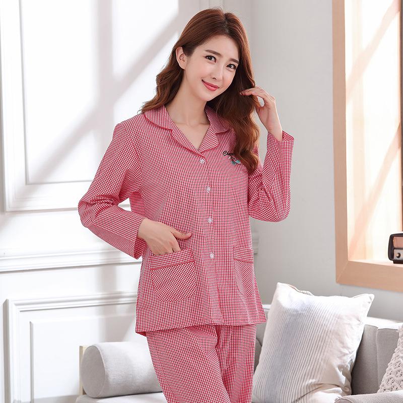 Women's Plaid Cotton Pajamas Set - Long Sleeve Cardigan for Spring, Summer, and Autumn.
