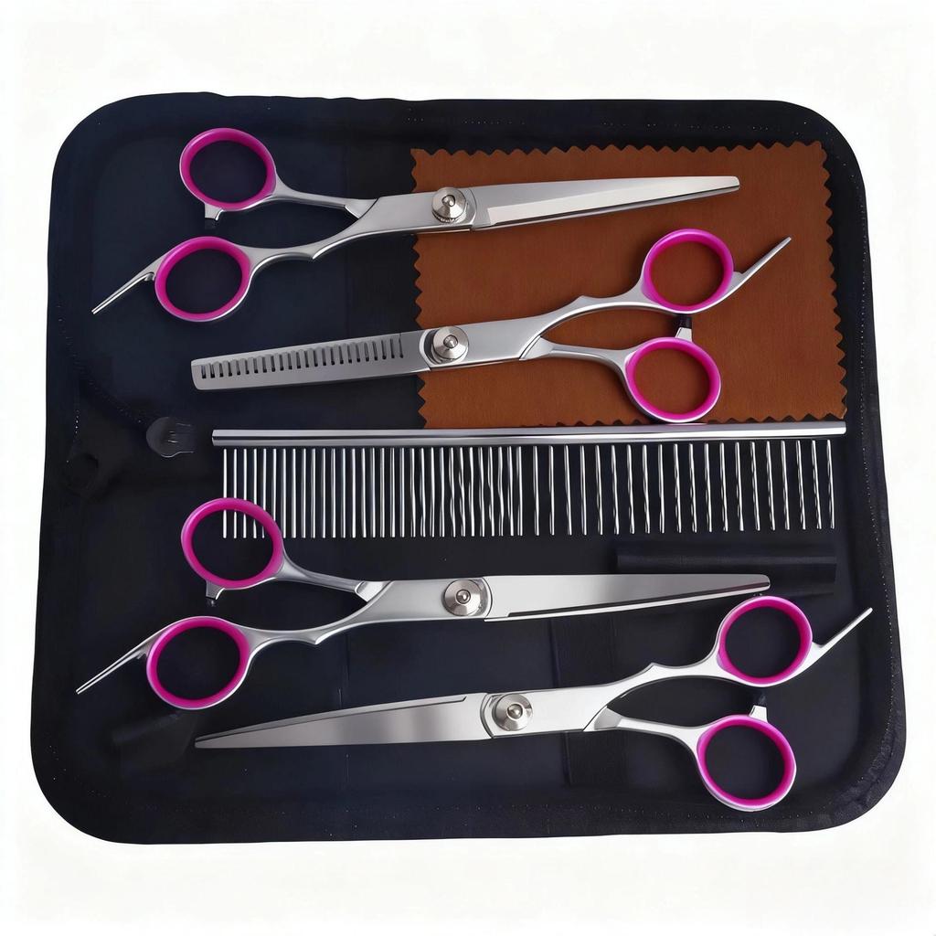 Portable Pet Grooming Scissor Set: Flat & Curved Hairdressing Tools