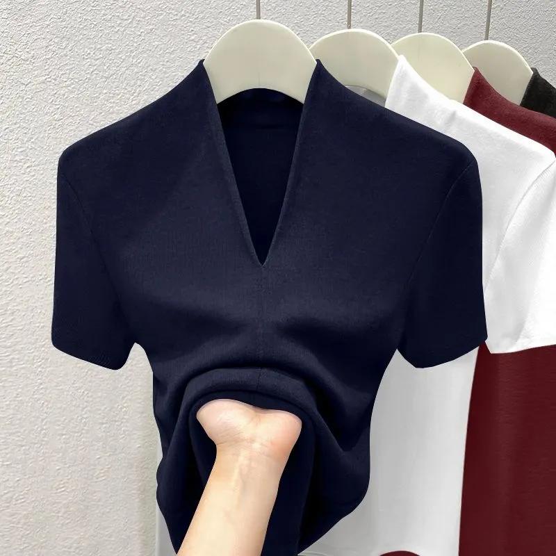 Women's Summer Threaded V-neck Short Sleeved T-shirt Slim Fit and Slimming, Solid Color Base Top