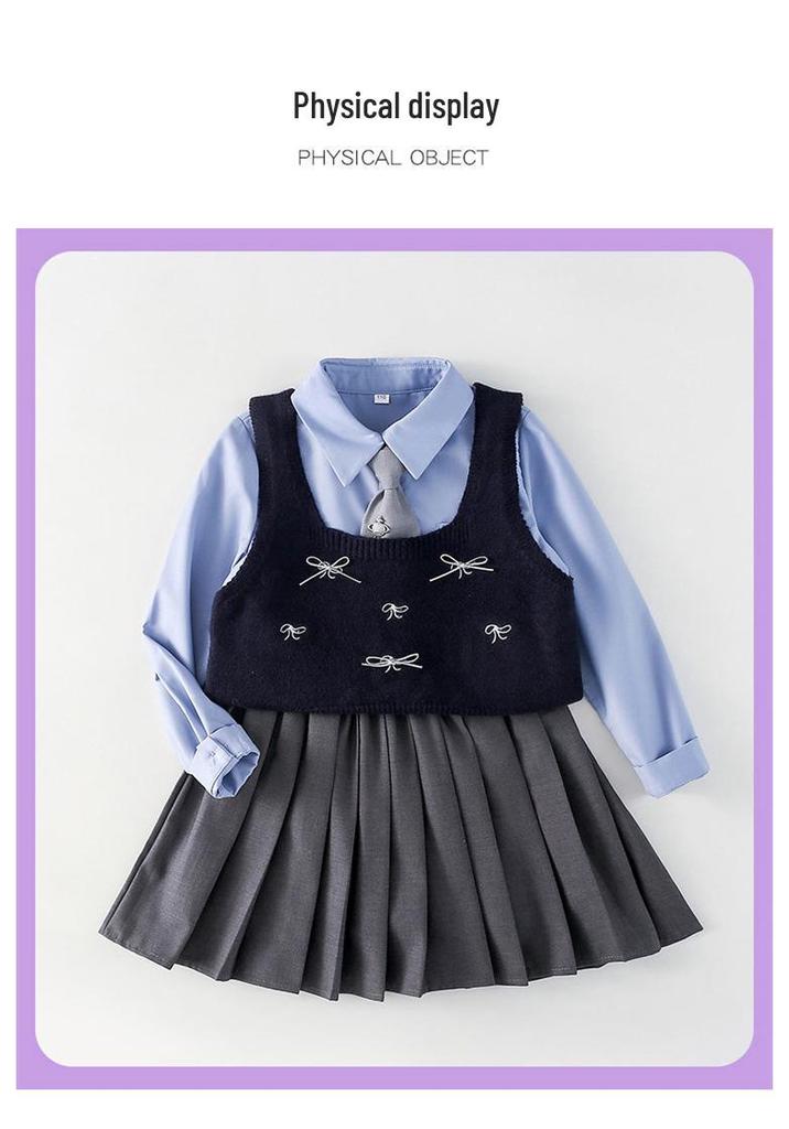 Girls' Autumn 2025 Academy Style: Bowknot Vest, Knit Vest & Pleated Skirt Set