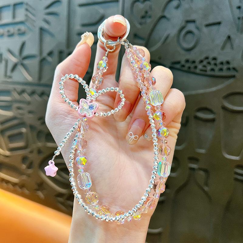 Flash Beaded Mobile Phone Chain Crystal Bow Key Bag Lanyard Pearl Mobile Phone Lanyard Small Gift