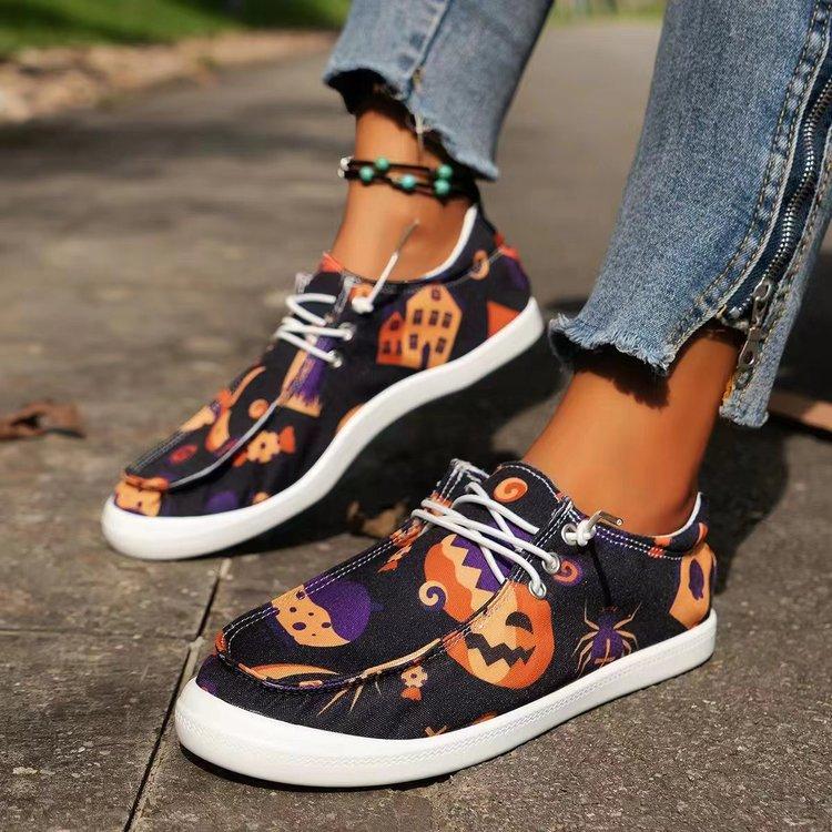 Casual Single Shoes Lace-up Graffiti Shoes Halloween Pumpkin Skull Casual Shoes