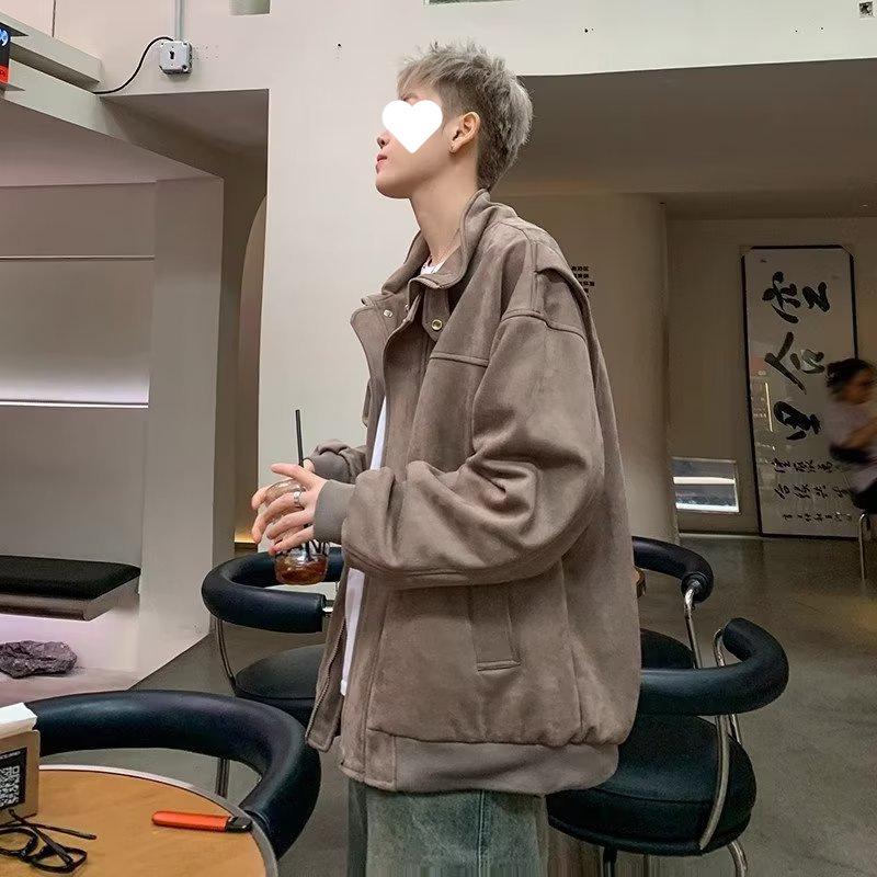 Men's Suede Plush Retro Stand Collar Jacket - Spring/Autumn 2025 Trendy Loose Fit