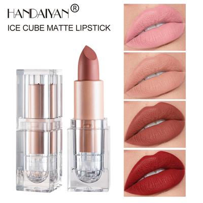 Handaiyan novo produto 12 cores fosco vermelho cristal tubo quadrado batom nude pasta de feijão pequenos cubos de gelo pequeno gelo lábio esmalte feminino
