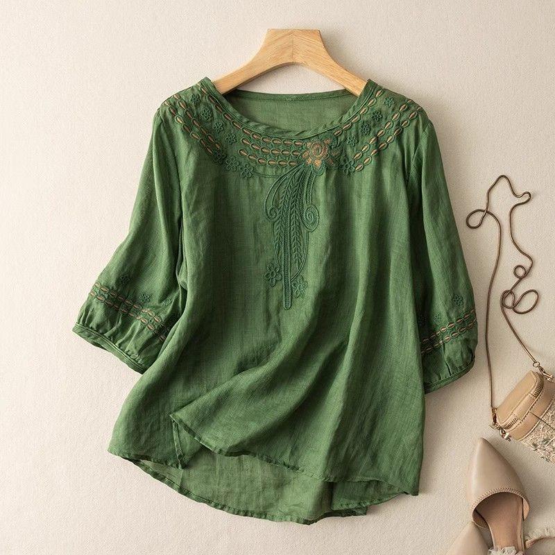 Retro Round Neck Embroidered Cotton and Linen Blouse Women's Fashion Sense Temperament Thin Section Slimming T-shirt