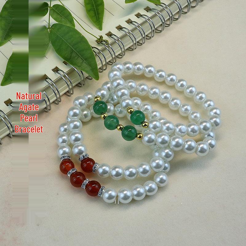 

Korean Style Natural Agate & Imitation Pearl Women s Beaded Bracelet