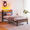 90x200cm bed frame with LED lights, storage headboard with USB charging, heavy duty metal slat support, noise-free, assembly, no box spring required