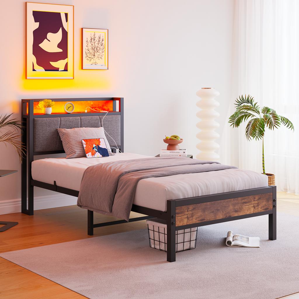 90x200cm bed frame with LED lights, storage headboard with USB charging, heavy duty metal slat support, noise-free, assembly, no box spring required