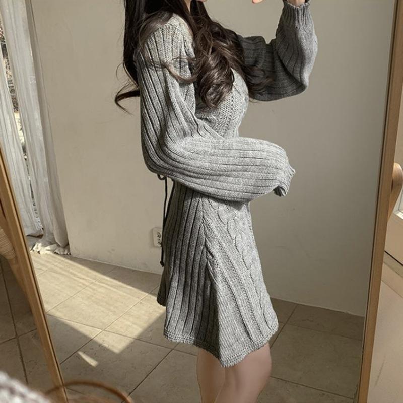 spring autumn casual slim mini dress fashion Long Sleeve elasticity sweater Dresses V-neck solid a-line knitted dress for women