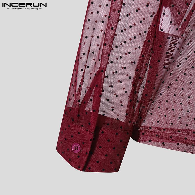 INCERUN Men Lapel Neck Long Sleeve Mesh Sheer Polka Dots Shirts