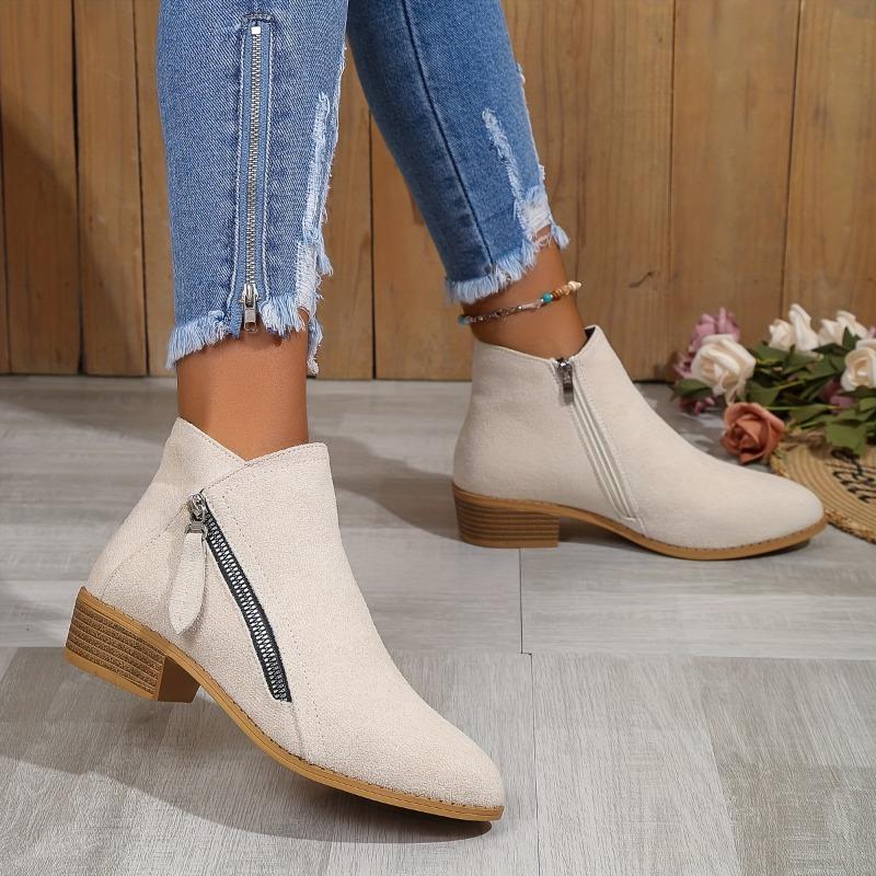 Dámské jednobarevné boty na silném podpatku, ležérní boty na zip s špičatou špičkou, pohodlné kotníkové boty