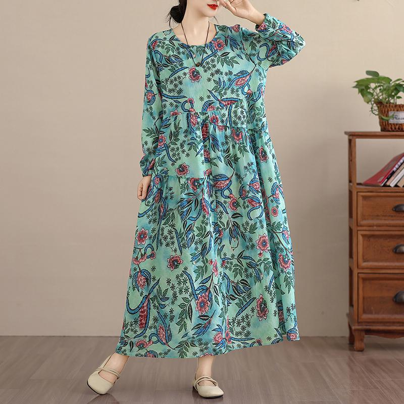 DIMANAF New 2026 Spring Summer Women Plus Size Vintage Long Dress Loose Oversize Long Sleeve Maxi Floral Print