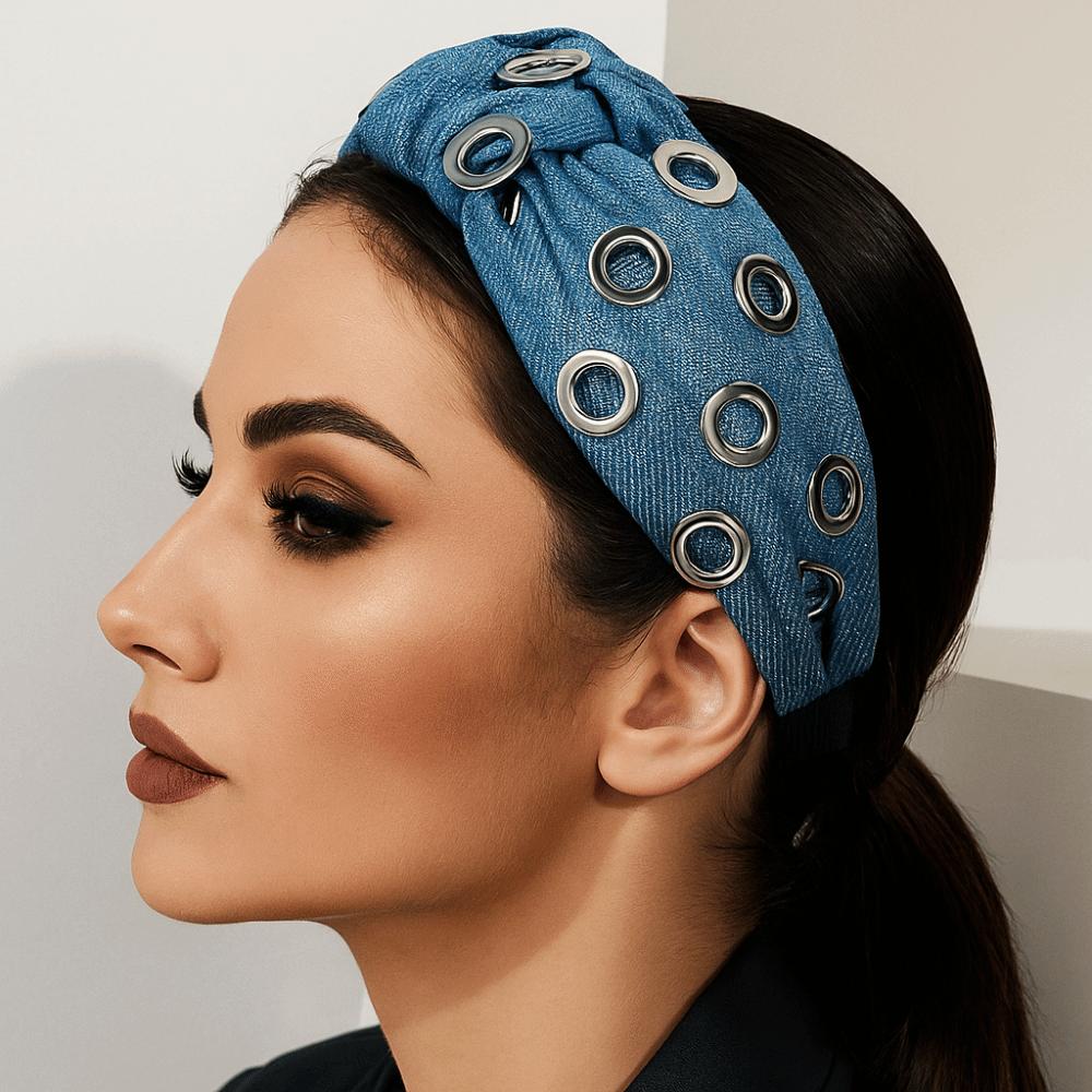 Wide Denim Headband Y2K Hollowed Out Eyelets Headband Hair Accessories Punk Hairband  Party