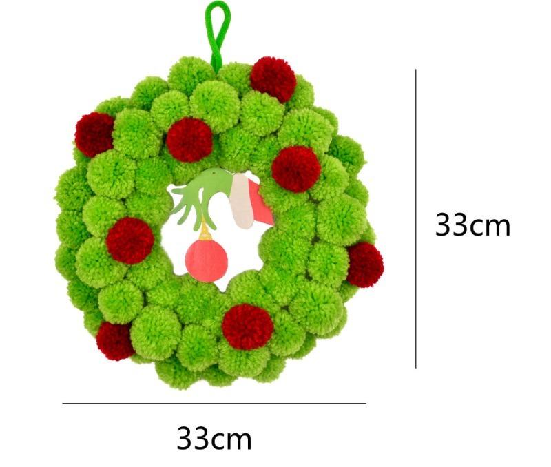

1pcs/set Pom Pom Christmas Wreath with Grinch Hand Design for Front Door Decor Holiday Hanging Ornament Home Decoration зелёный