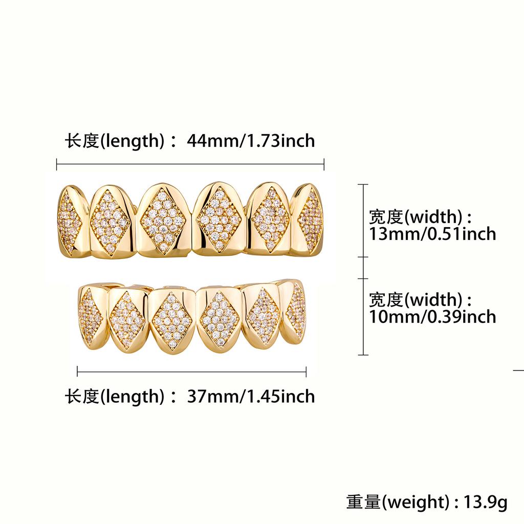 New Iced Out Hip Hop Rhombus Shape Teeth Grillz Set Unisex Top Bottom Mouth Grillz Teeth Set Bling Shiny CZ Halloween Jewelry