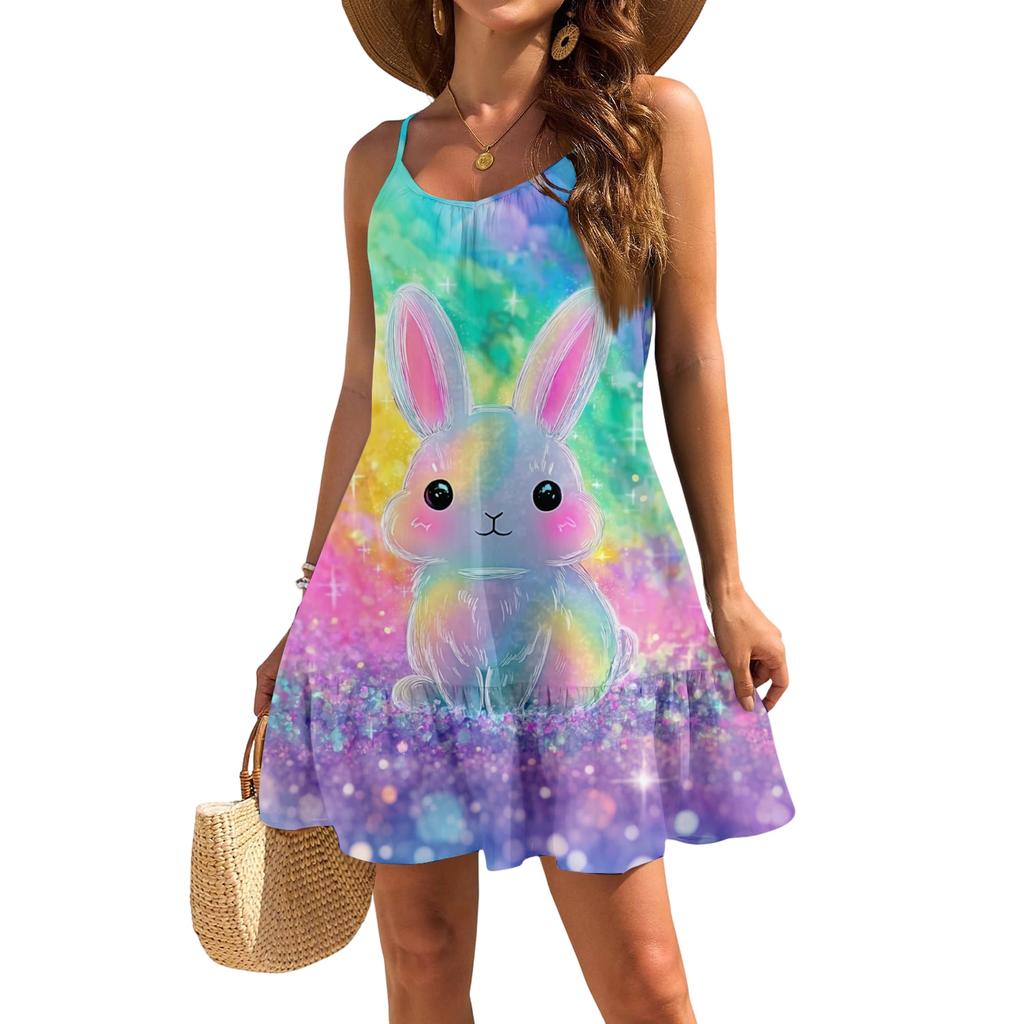 Robe décontractée élégante sans manches à bretelles ample pour femme avec imprimé plage et Pâques